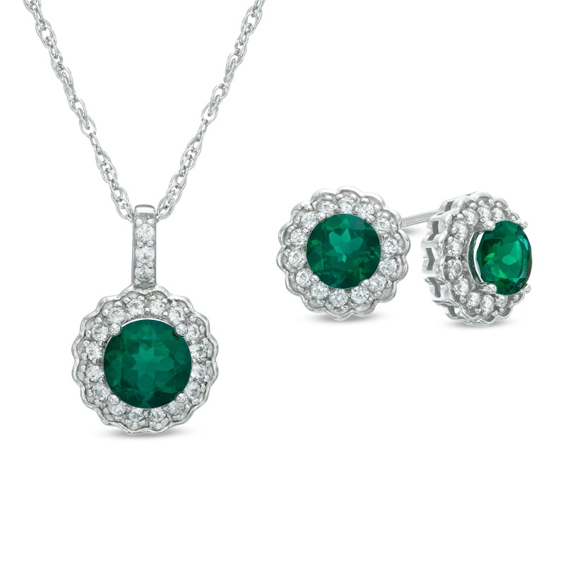 Main Image 1 of Previously Owned - Lab-Created Emerald and White Sapphire Frame Pendant and Stud Earrings Set in Sterling Silver