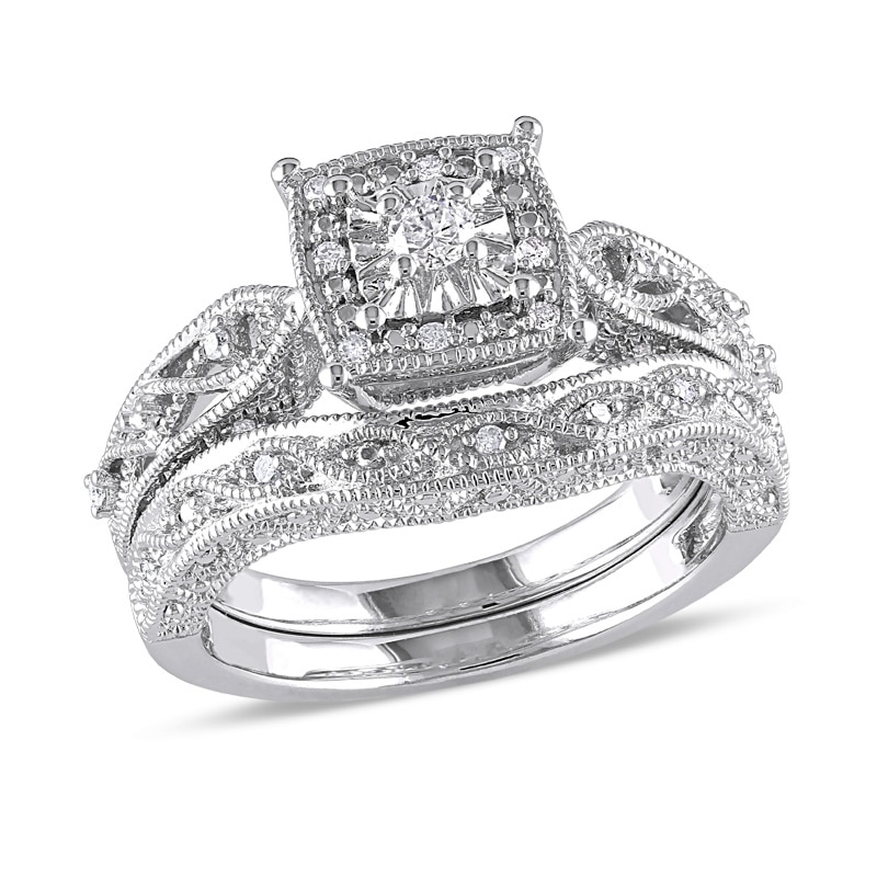 Main Image 1 of Previously Owned - 1/5 CT. T.W. Diamond Cascading Bridal Set in Sterling Silver