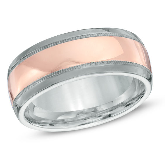 Previously Owned - 8.0mm Milgrain Wedding Band in Sterling Silver and 14K Rose Gold