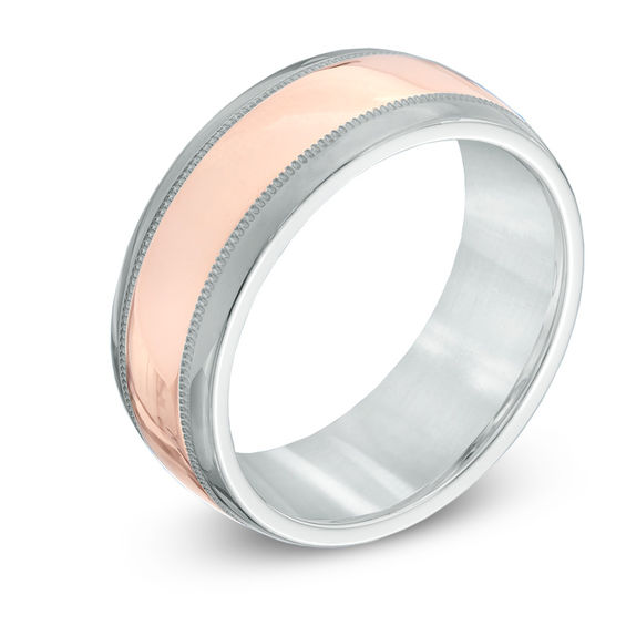 Previously Owned - 8.0mm Milgrain Wedding Band in Sterling Silver and 14K Rose Gold