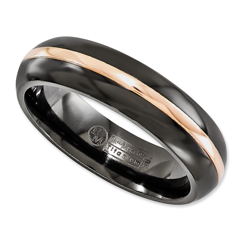 Main Image 1 of Previously Owned - Edward Mirell 6.0mm Black Titanium and 14K Rose Gold Inlay Domed Wedding Band