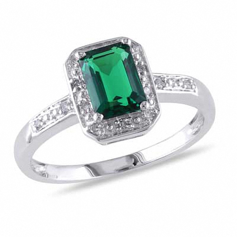 Main Image 1 of Previously Owned - Emerald-Cut Lab-Created Emerald and Diamond Accent Ring in 10K White Gold