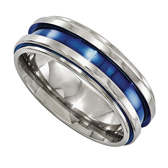 Previously Owned - Edward Mirell 7.5mm Blue Grooved Wedding Band in Titanium