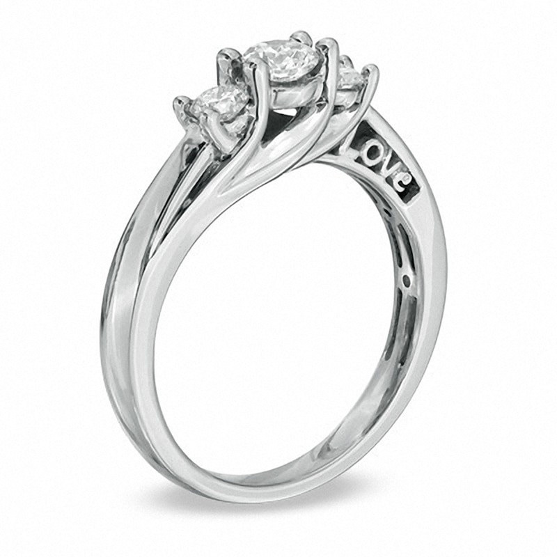 Main Image 2 of Previously Owned - 1/2 CT. T.W. Diamond LOVE Three Stone Engagement Ring in 10K White Gold