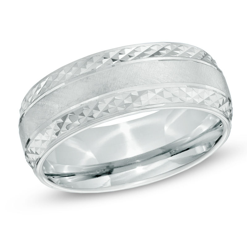 Main Image 1 of Previously Owned - 8.0mm Diamond-Cut and Satin Wedding Band in Sterling Silver