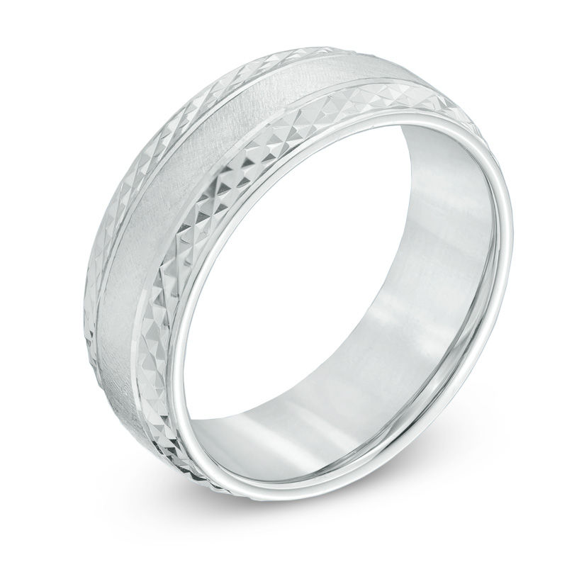 Main Image 2 of Previously Owned - 8.0mm Diamond-Cut and Satin Wedding Band in Sterling Silver