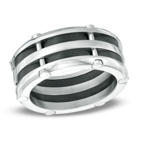 Previously Owned - 10.0mm Comfort Fit Riveted Stainless Steel and Black IP Wedding Band