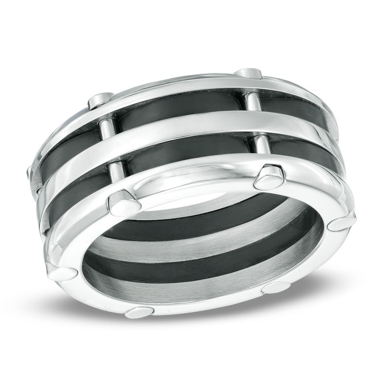 Main Image 1 of Previously Owned - 10.0mm Comfort Fit Riveted Stainless Steel and Black IP Wedding Band