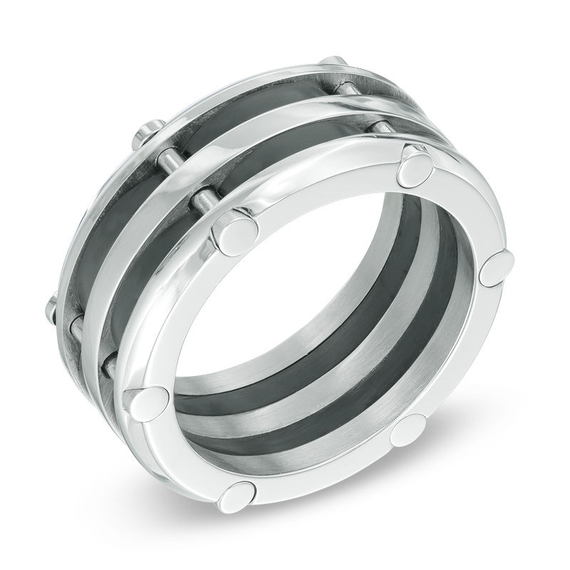 Main Image 2 of Previously Owned - 10.0mm Comfort Fit Riveted Stainless Steel and Black IP Wedding Band