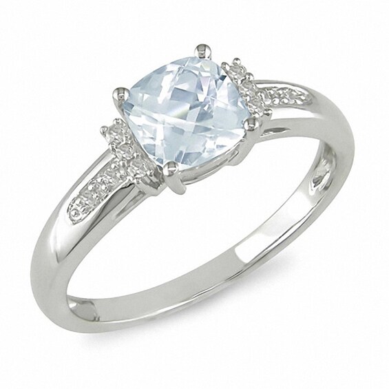 Previously Owned - Cushion-Cut Aquamarine and Diamond Engagement Ring in 10K White Gold