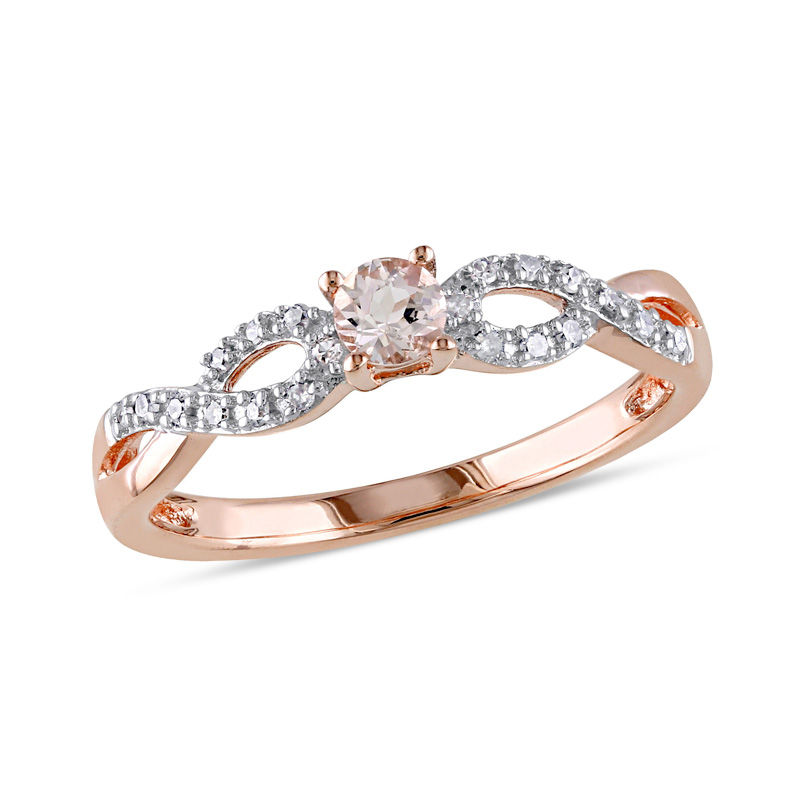 Previously Owned - 3.5mm Morganite and 1/20 CT. T.W. Diamond Twine Promise Ring in Rose Rhodium Sterling Silver