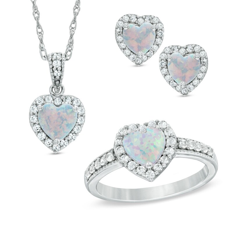 Main Image 1 of Previously Owned - Heart-Shaped Lab-Created Opal and White Sapphire Pendant, Ring and Earrings Set in Sterling Silver
