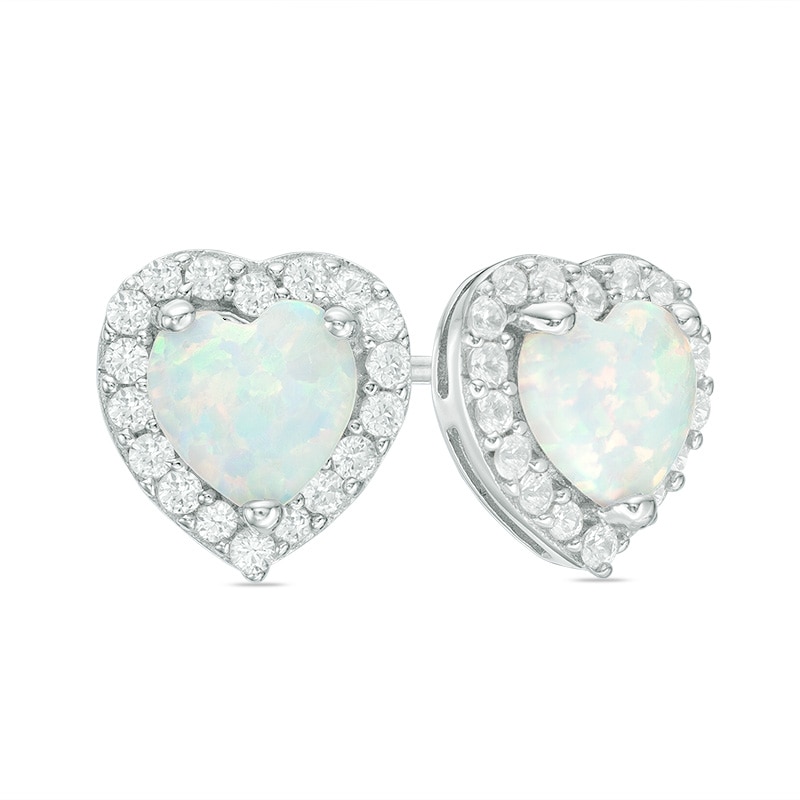 Previously Owned - 6.0mm Heart-Shaped Lab-Created Opal and White Sapphire Frame Stud Earrings in Sterling Silver
