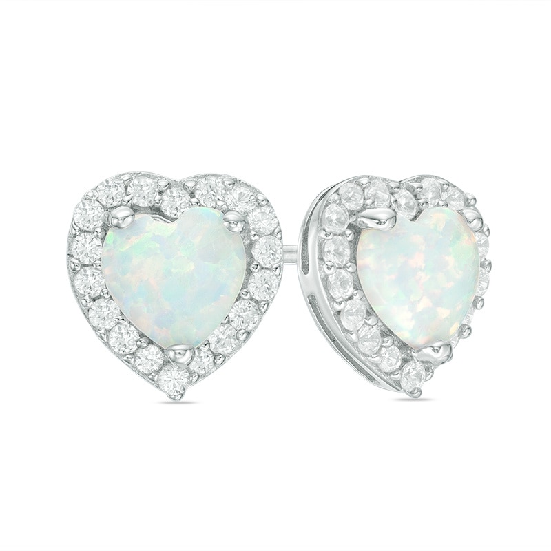 Main Image 1 of Previously Owned - 6.0mm Heart-Shaped Lab-Created Opal and White Sapphire Frame Stud Earrings in Sterling Silver