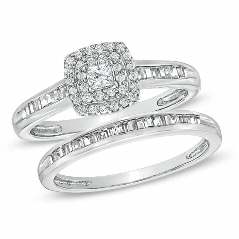 Main Image 1 of Previously Owned - 1/2 CT. T.W. Princess-Cut Diamond Double Frame Bridal Set in 10K White Gold