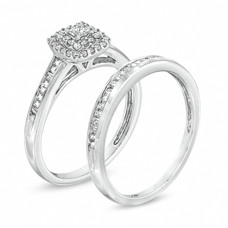 Main Image 2 of Previously Owned - 1/2 CT. T.W. Princess-Cut Diamond Double Frame Bridal Set in 10K White Gold