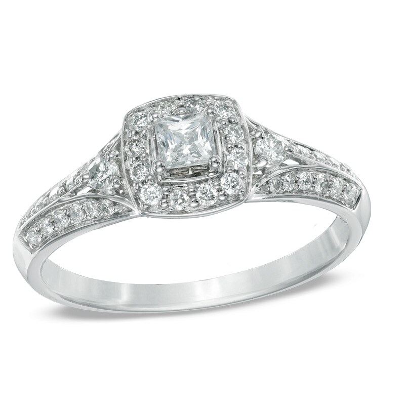 Main Image 1 of Previously Owned - 1/2 CT. T.W. Princess-Cut Diamond Frame Engagement Ring in 14K White Gold