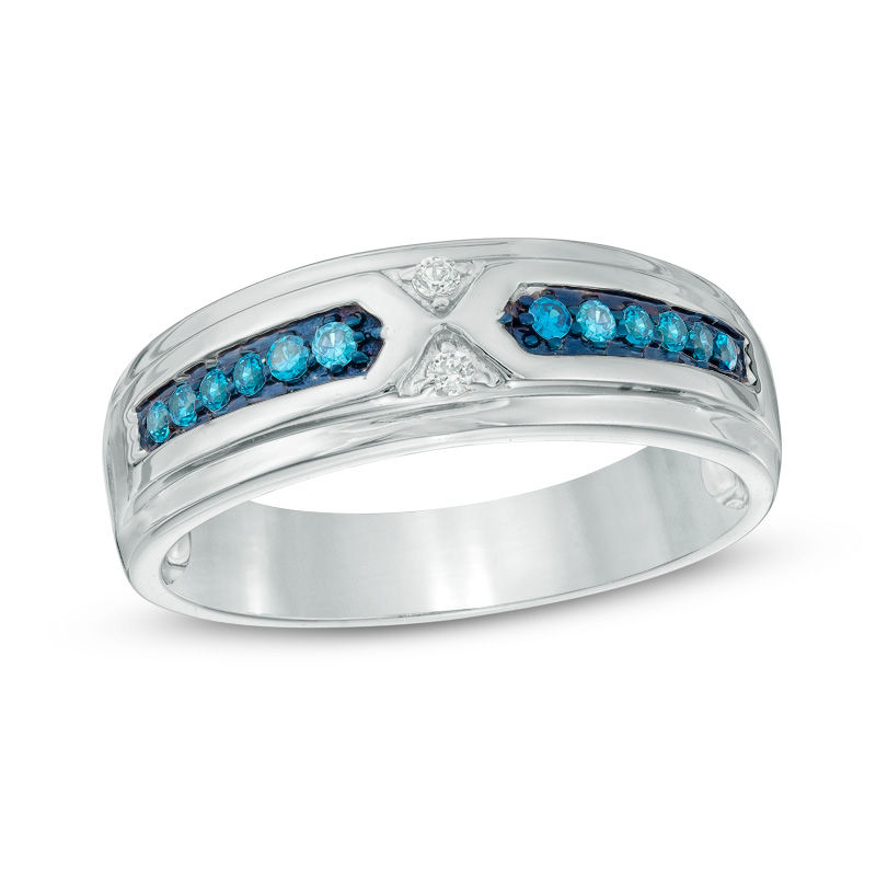 Main Image 1 of Previously Owned - 1/6 CT. T.W. Enhanced Blue and White Diamond Wedding Band in Sterling Silver