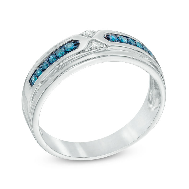 Main Image 2 of Previously Owned - 1/6 CT. T.W. Enhanced Blue and White Diamond Wedding Band in Sterling Silver