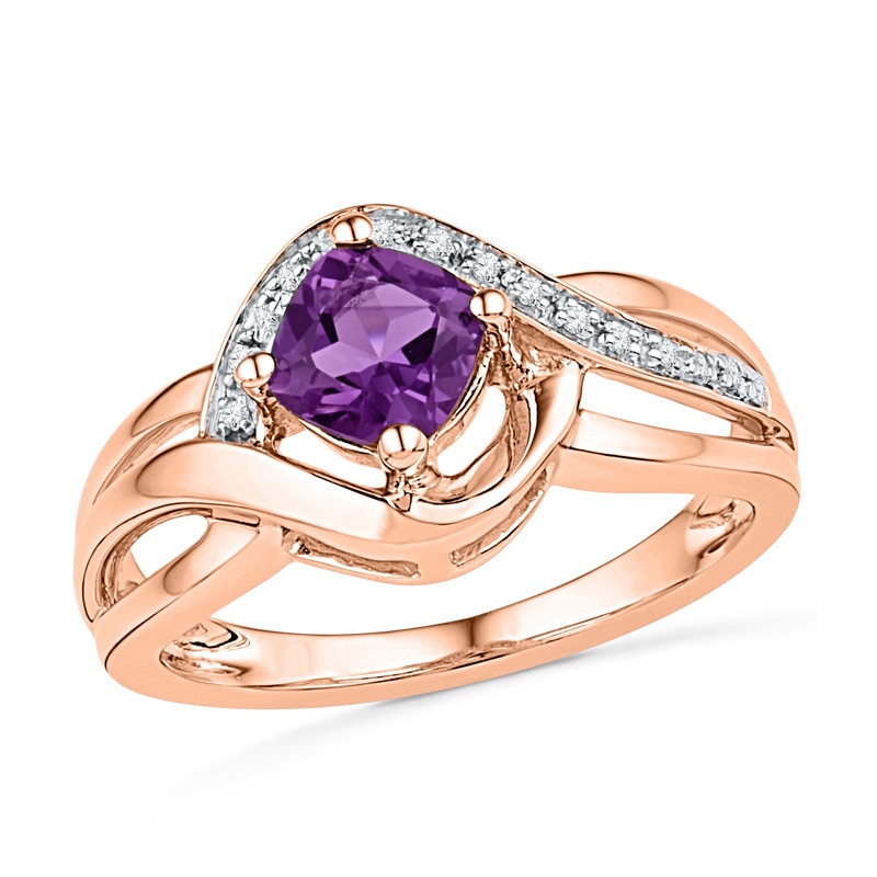 Main Image 1 of Previously Owned - 5.0mm Cushion-Cut Amethyst and Diamond Accent Ring in 10K Rose Gold