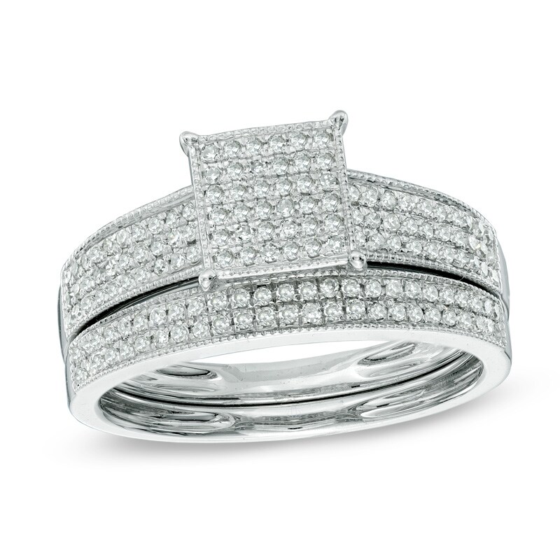 Main Image 1 of Previously Owned - 1/3 CT. T.W. Diamond Square Composite Vintage-Style Bridal Set in 10K White Gold
