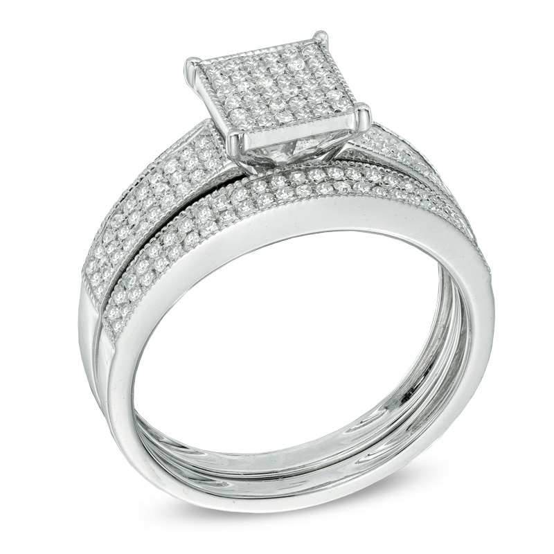 Main Image 2 of Previously Owned - 1/3 CT. T.W. Diamond Square Composite Vintage-Style Bridal Set in 10K White Gold