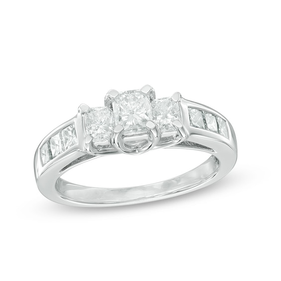 Previously Owned - 1-1/2 CT. T.w. Radiant-Cut Diamond Three-Stone Engagement Ring in 14K White Gold