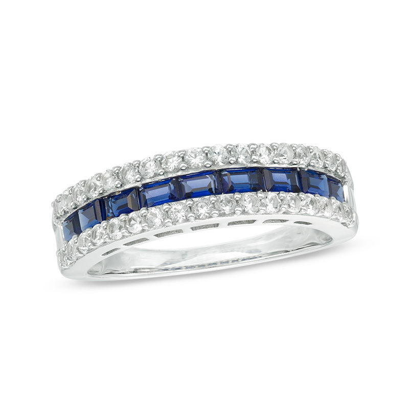 Main Image 1 of Previously Owned - Lab-Created Blue and White Sapphire Three Row Band in Sterling Silver