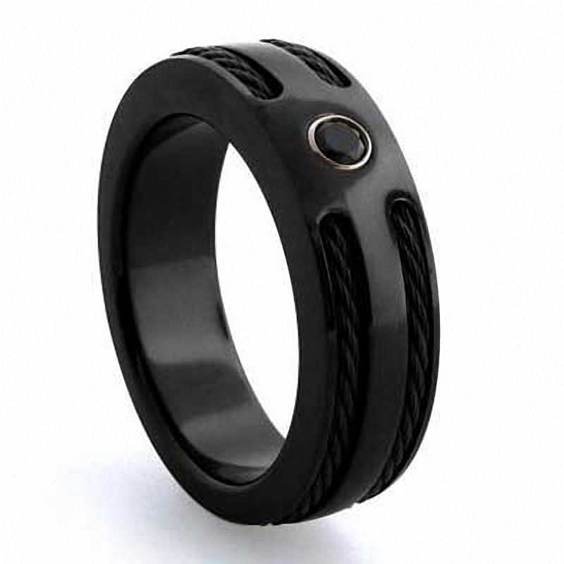 Main Image 1 of Previously Owned - Midnight Cable by Edward Mirell Black Spinel Wedding Band in Black Titanium and Sterling Silver