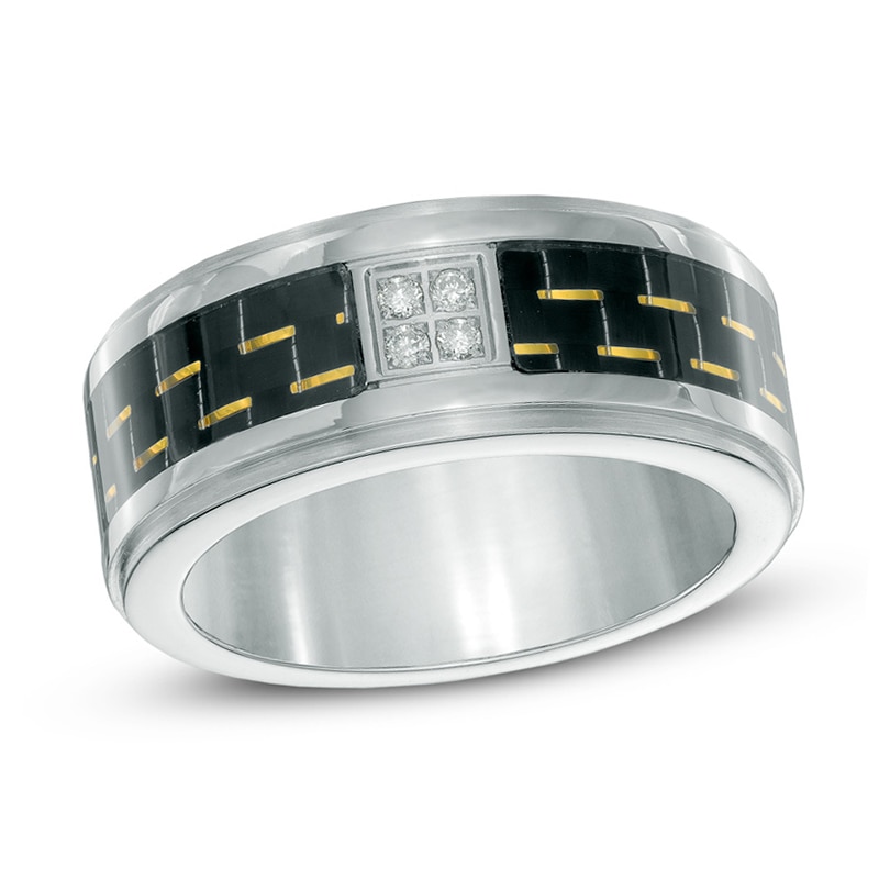 Main Image 1 of Previously Owned - Quad Diamond Accent Carbon Fiber Comfort Fit Wedding Band in Stainless Steel