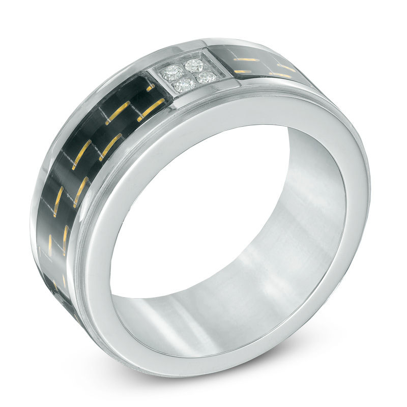 Main Image 2 of Previously Owned - Quad Diamond Accent Carbon Fiber Comfort Fit Wedding Band in Stainless Steel