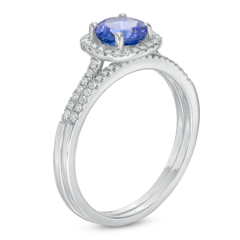 Main Image 2 of Previously Owned - 6.0mm Tanzanite and 1/4 CT. T.W. Diamond Frame Bridal Set in 14K White Gold