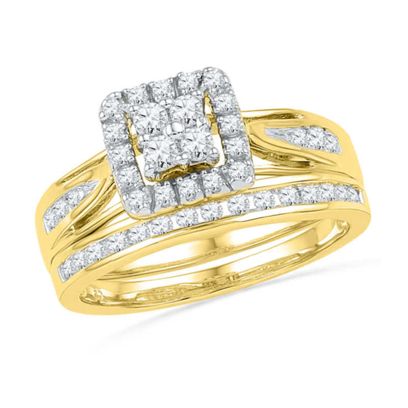 Main Image 1 of Previously Owned 1/2 CT. T.W. Quad Diamond Frame Soldered Bridal Set in 10K Gold
