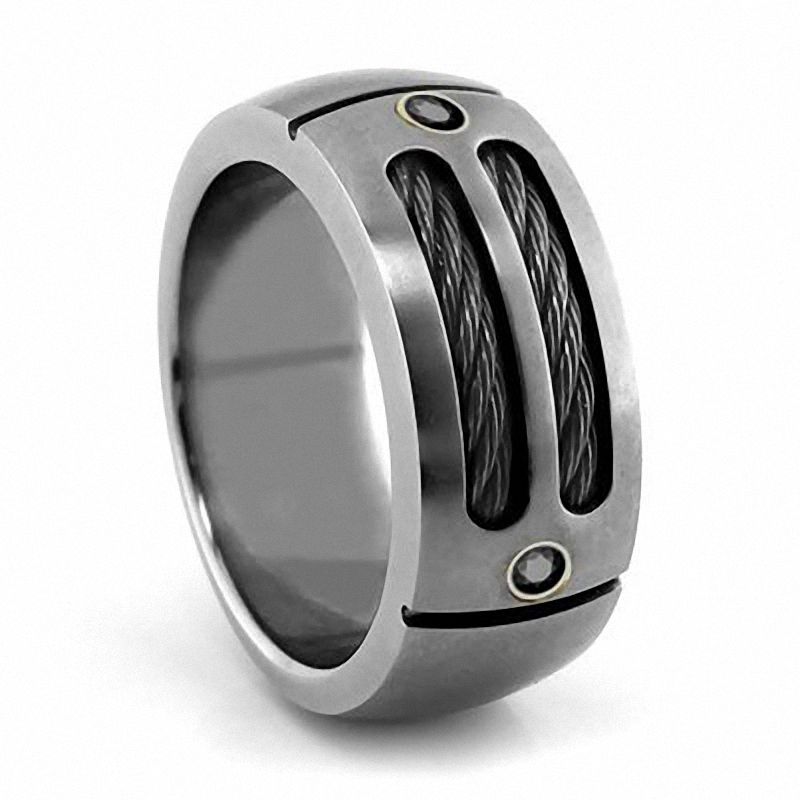 Main Image 1 of Previously Owned - Cable Sport by Edward Mirell 9.5mm Grey Titanium Double Cable Ring with Black Spinel