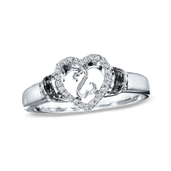 Previously Owned - Open Hearts by Jane Seymourâ¢ Enhanced Black and White Diamond Accent Promise Ring in Sterling Silver