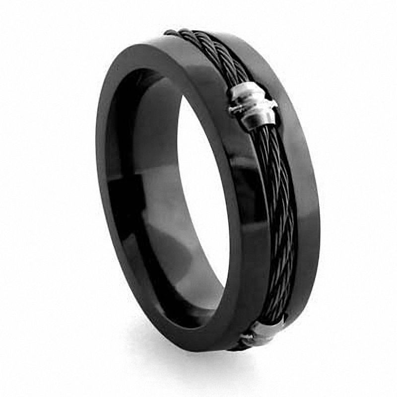 Main Image 1 of Previously Owned - Midnight Cable by Edward Mirell Men's 7.0mm Barrel and Cable Wedding Band in Black Titanium