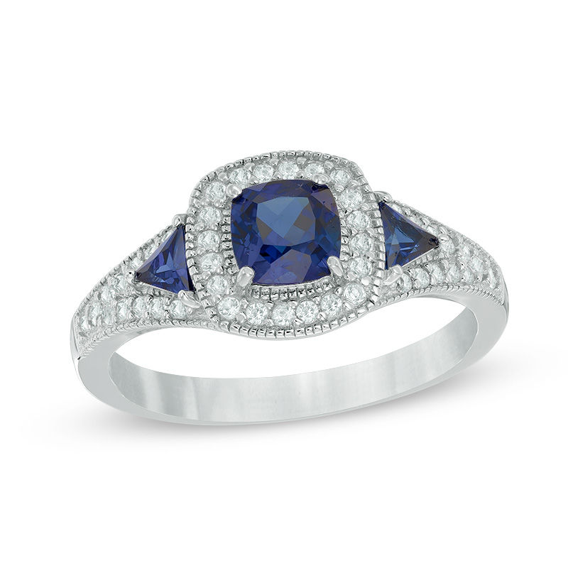 Main Image 1 of Previously Owned - 5.0mm Cushion-Cut Lab-Created Blue and White Sapphire Frame Ring in Sterling Silver