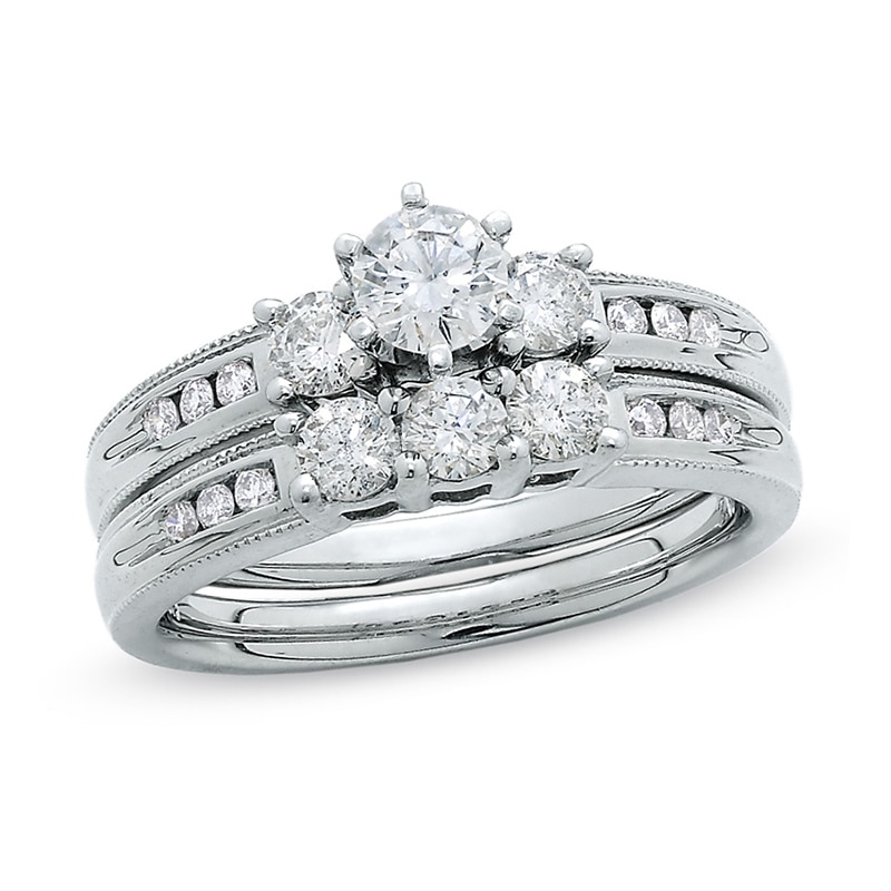 Previously Owned - 1 CT. T.W. Diamond Three Stone Milgrain Bridal Set in 14K White Gold