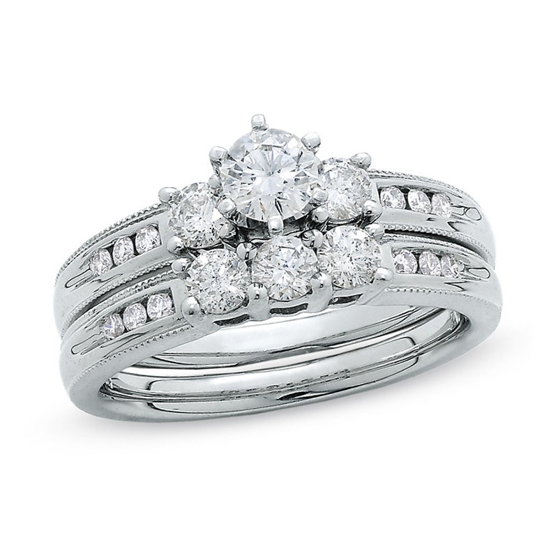 Main Image 1 of Previously Owned - 1 CT. T.W. Diamond Three Stone Milgrain Bridal Set in 14K White Gold