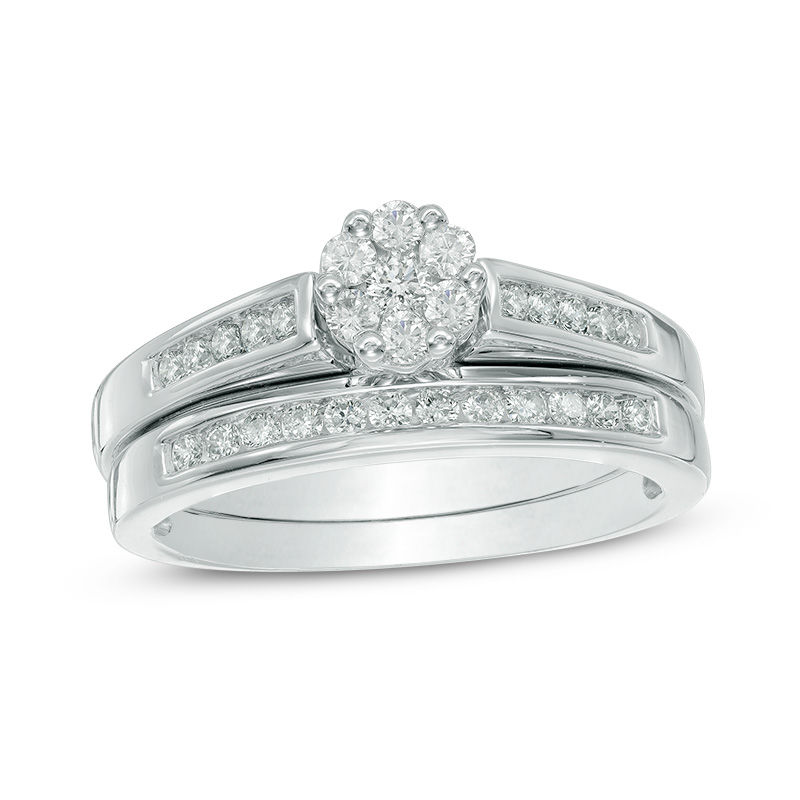 Main Image 1 of Previously Owned - 1/2 CT. T.W. Multi-Diamond Flower Bridal Set in 10K White Gold