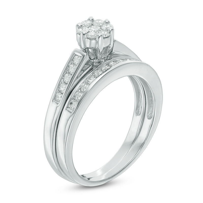 Main Image 2 of Previously Owned - 1/2 CT. T.W. Multi-Diamond Flower Bridal Set in 10K White Gold