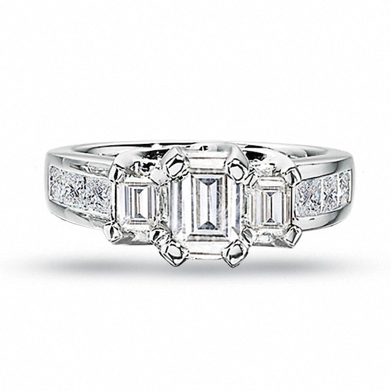 Previously Owned - 1 CT. T.w. Emerald-Cut Diamond Three Stone Engagement Ring in 14K White Gold