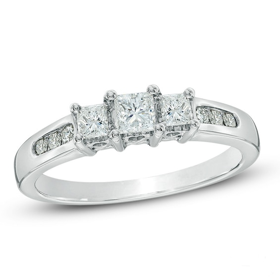 Previously Owned - 1/2 CT. T.w. Princess-Cut Diamond Past Present Future® Ring in 14K White Gold