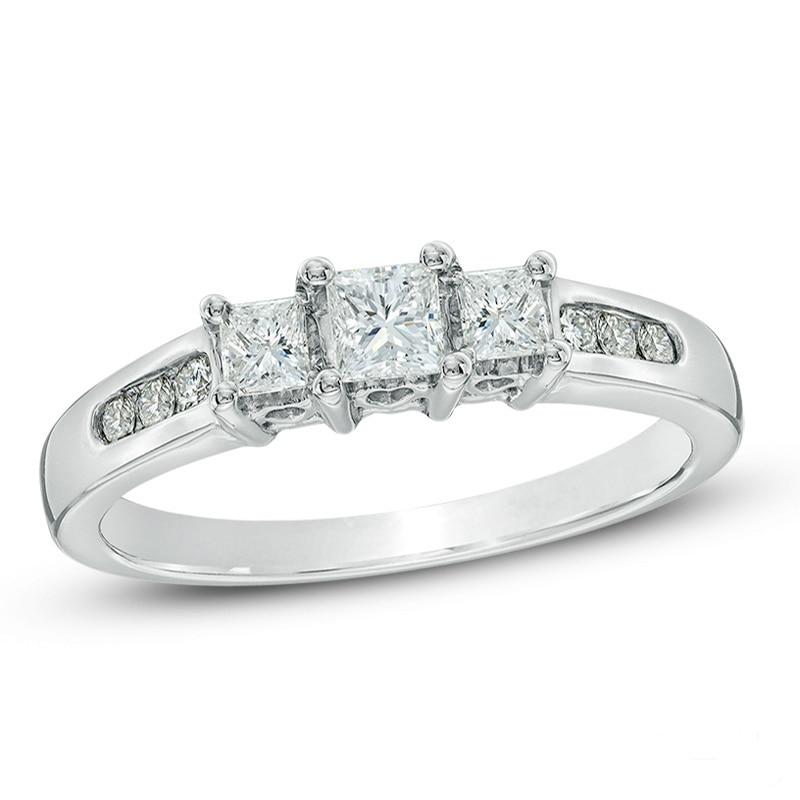 Main Image 1 of Previously Owned - 1/2 CT. T.W. Princess-Cut Diamond Past Present Future® Ring in 14K White Gold