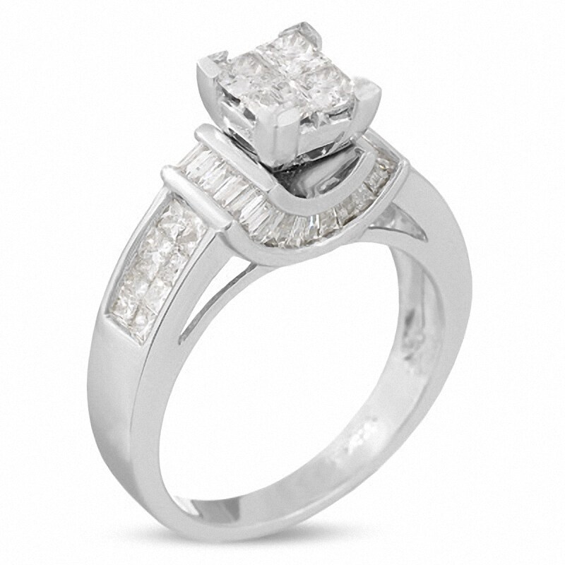 Main Image 2 of Previously Owned - 1-3/8 CT. T.W. Princess-Cut Composite Diamond Ring in 14K White Gold
