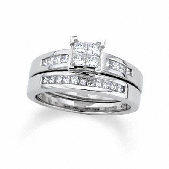 Previously Owned - 1-1/2 CT. T.w. Quad Princess-Cut Diamond Bridal Set in 14K White Gold