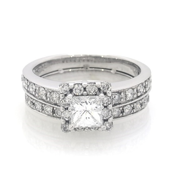 Previously Owned 1-1/4 CT. T.w. Princess Cut Diamond Soldered Bridal Set in 14K White Gold