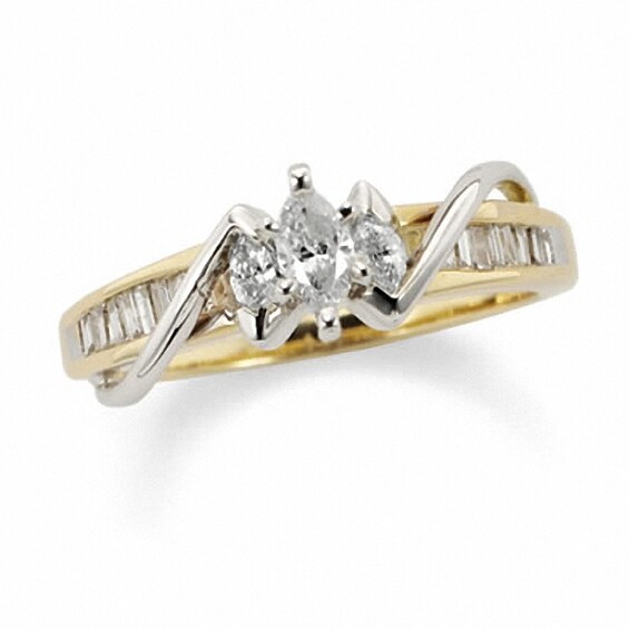 Previously Owned - 1 CT. T.w. Marquise Diamond Three Stone Engagement Ring in Two-Tone 14K Gold