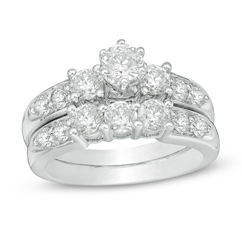 Main Image 1 of Previously Owned - 2 CT. T.W. Diamond Three Stone Bridal Set in 14K White Gold