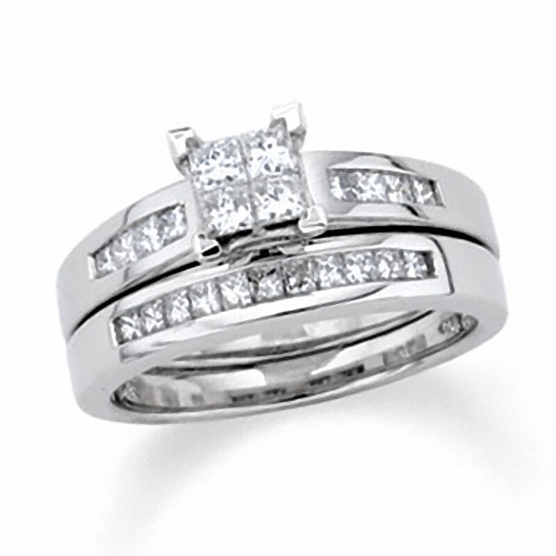 Main Image 1 of Previously Owned - 1-1/2 CT. T.W. Quad Princess-Cut Diamond Bridal Set in 14K White Gold